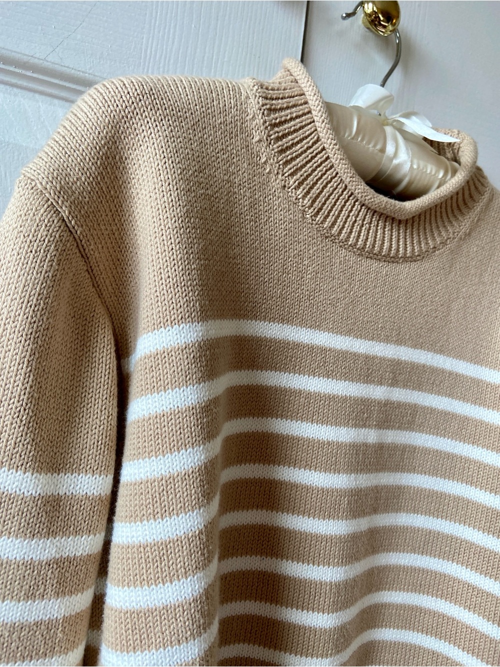 J. Crew Striped Classic Rollneck/Mockneck Cotton Sweater, Camel/White, M, NWOT - Picture 2 of 8
